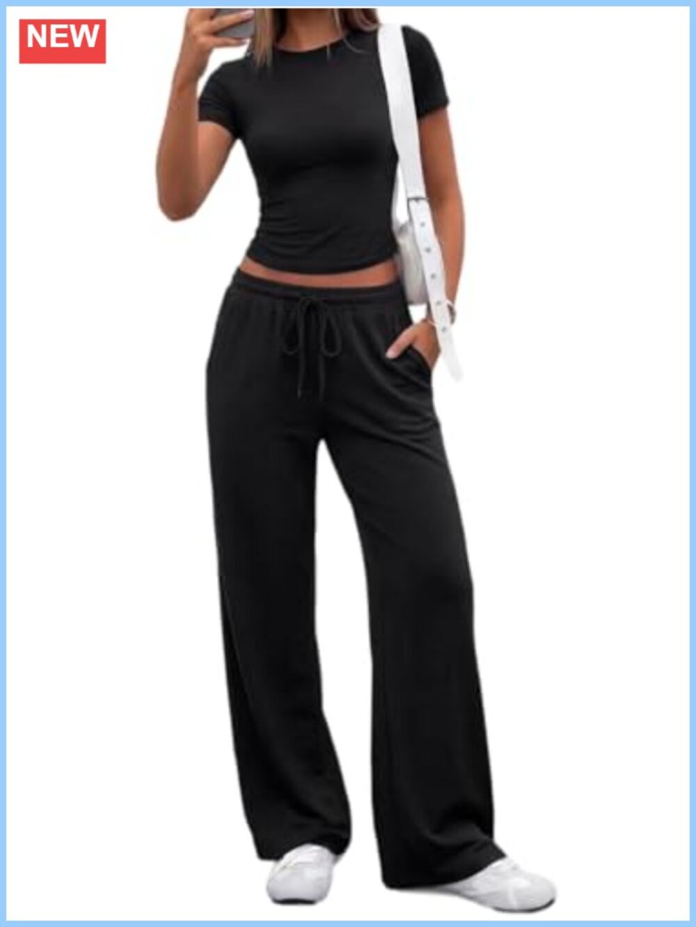 Women's 2 Piece Lounge Set Fitted Tee Wide Leg Pants Pockets Polyester